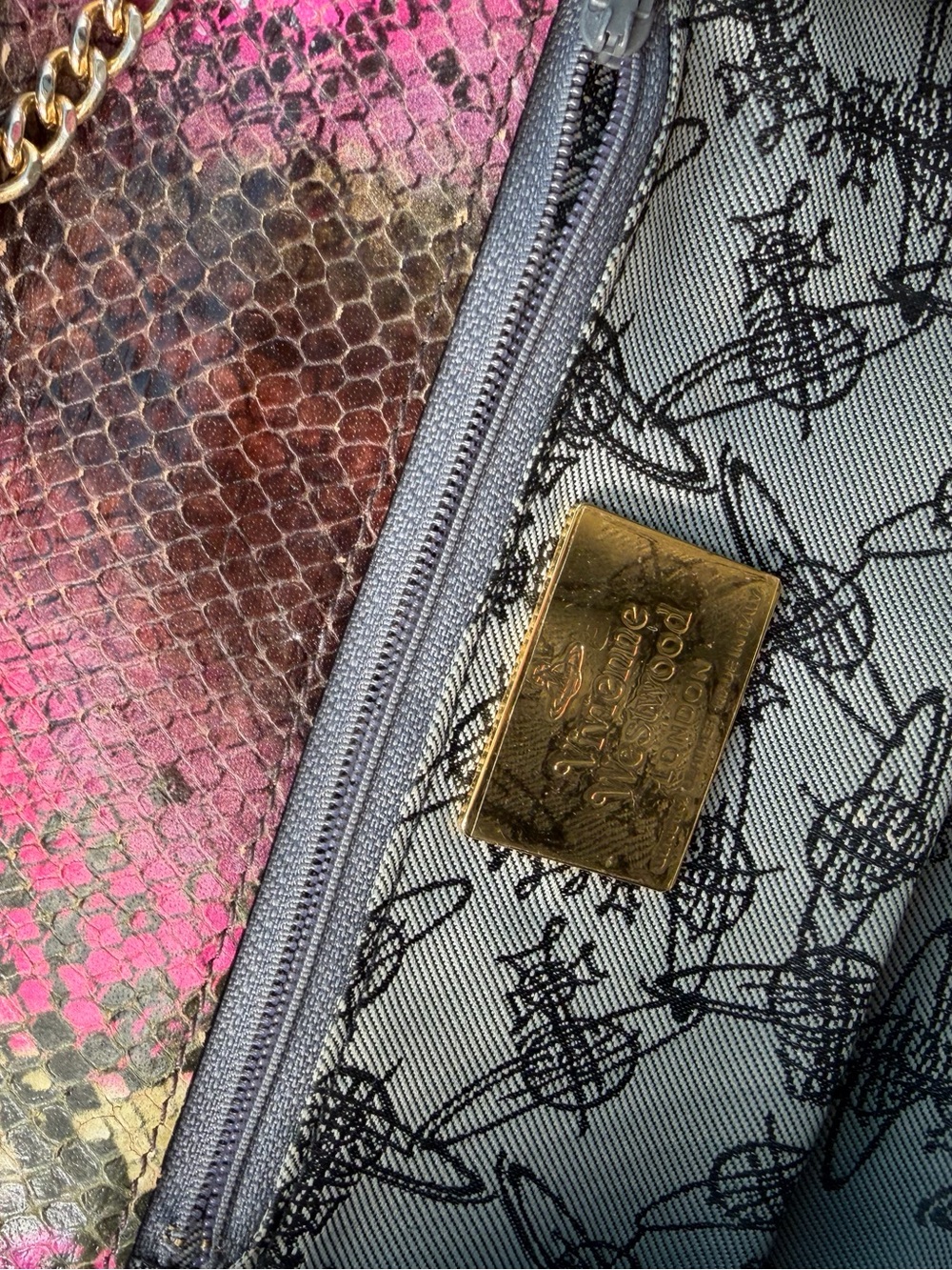 Vivienne Westwood Tie Dye Snake Animal Print Leather Clutch Small Bag Gold Chain - Picture 5 of 8